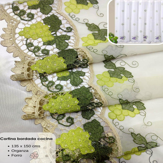 Cortina cocina bordada UVAS